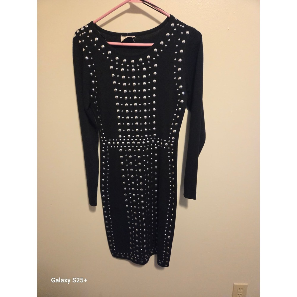 Ember Studded Bodycon Sweater Dress Womens L Black NWT Long Sleeve Mini Edgy